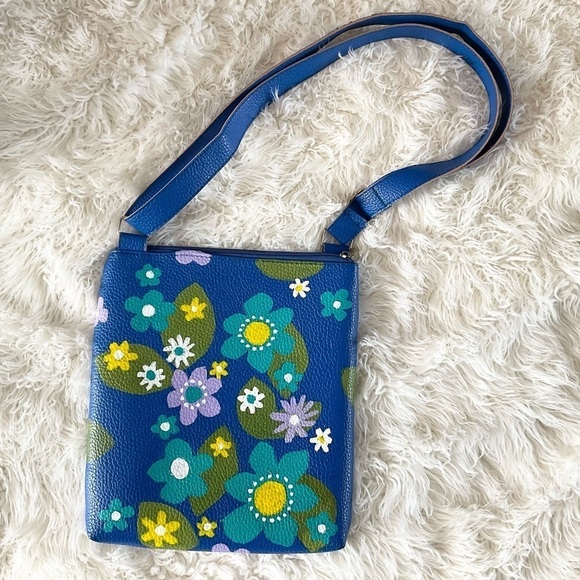 Hand Painted Blue 60’s Inspired Flower Purse or Crossbody Faux Leather Bag, - Picture 1 of 5
